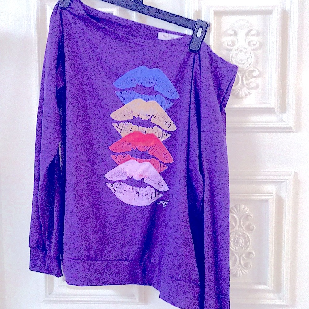 Women's Purple Top: Kissy Lips OFF-the-Shoulder Lightweight Long Sleeves Casual - Picture 3 of 15